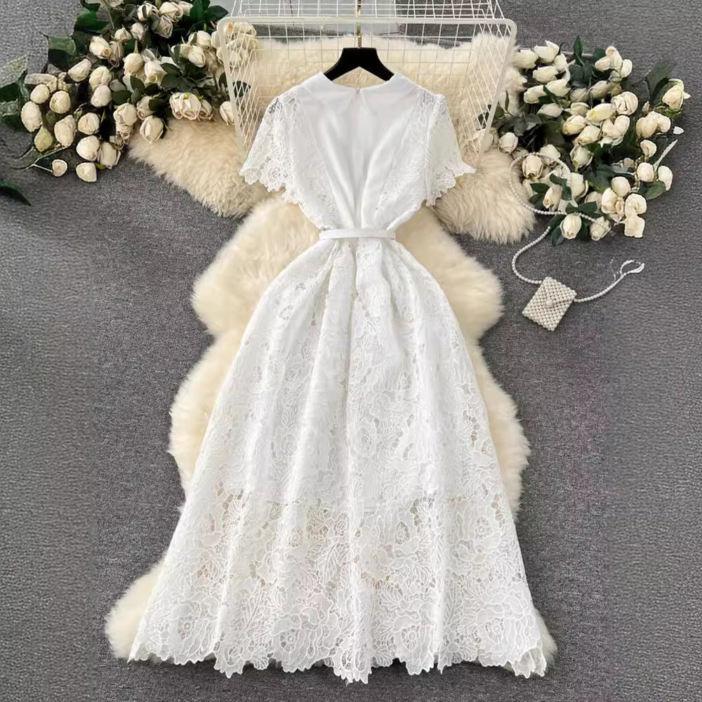 French chic evening gown:  early spring new arrival - designer button-down, slim-fit, long lace dress for women