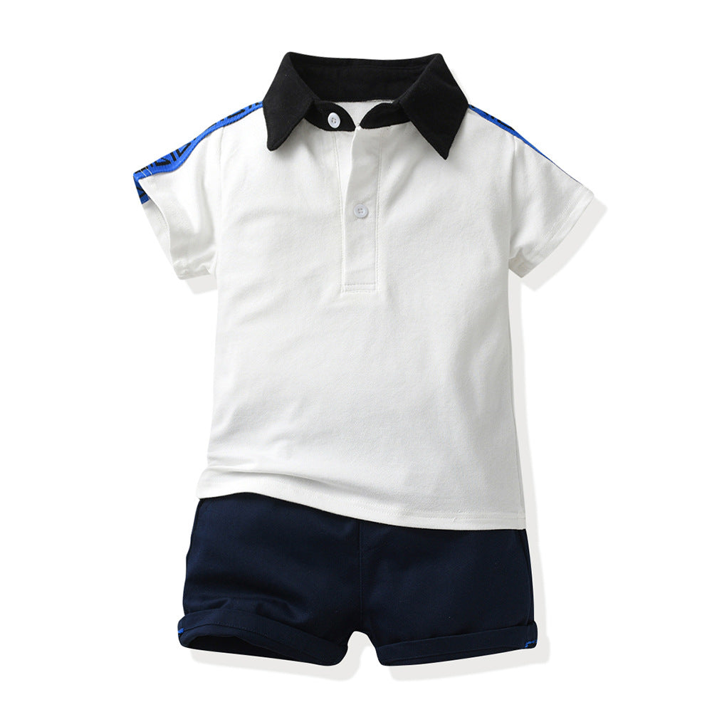 European and american new boys' summer two-piece set: boys' summer outfit, cotton patchwork polo shirt, t-shirt for mid-to-large children