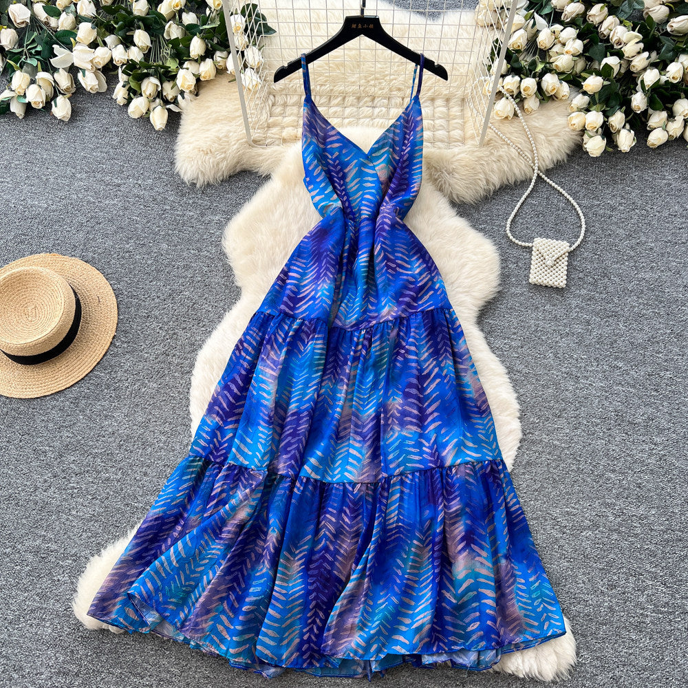 Vacation style v neckhalter suspender dress women's summerk-style sleeveless sexy waist slimming lookprinting long skirt