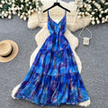 Vacation style v neckhalter suspender dress women's summerk-style sleeveless sexy waist slimming lookprinting long skirt