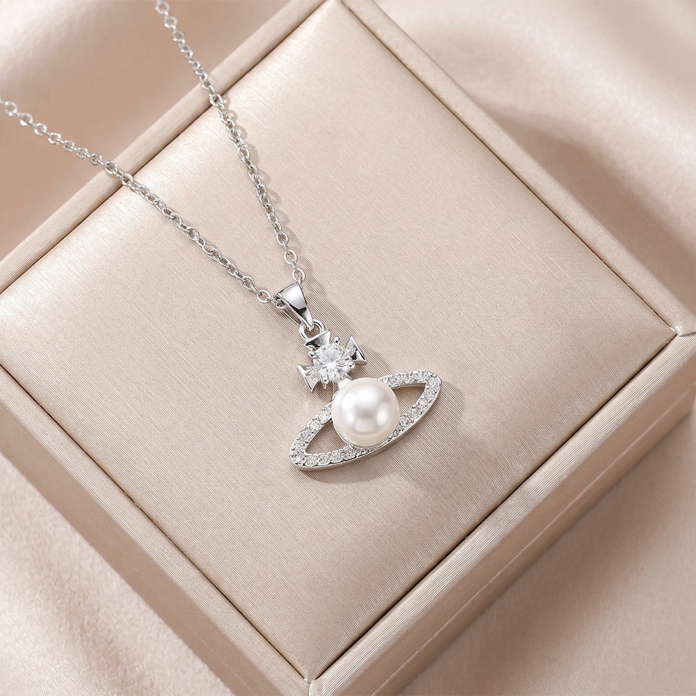 European and american hot-selling fashion zircon pearl necklace for women, lightweight luxury, niche, versatile, elegant, fashionable titanium steel clavicle chain jewelry