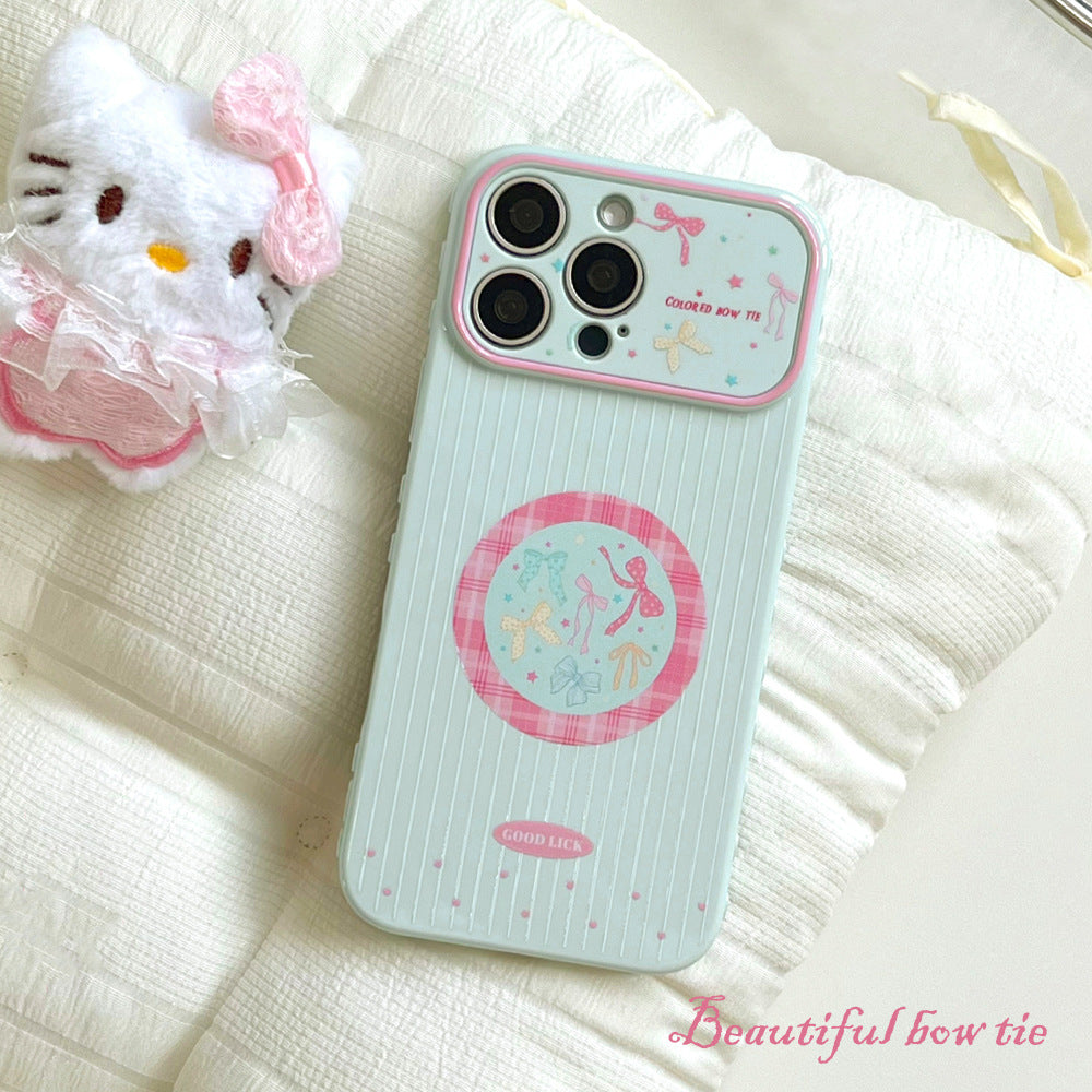 Suitable for iphone17pro mobile phone case ins fresh plaid round bow contrasting color iphone18 protective cover