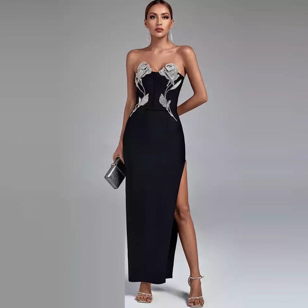 skirt new high-end original women's clothing black tube top light luxury long skirt with diamond bandage skirt party dress