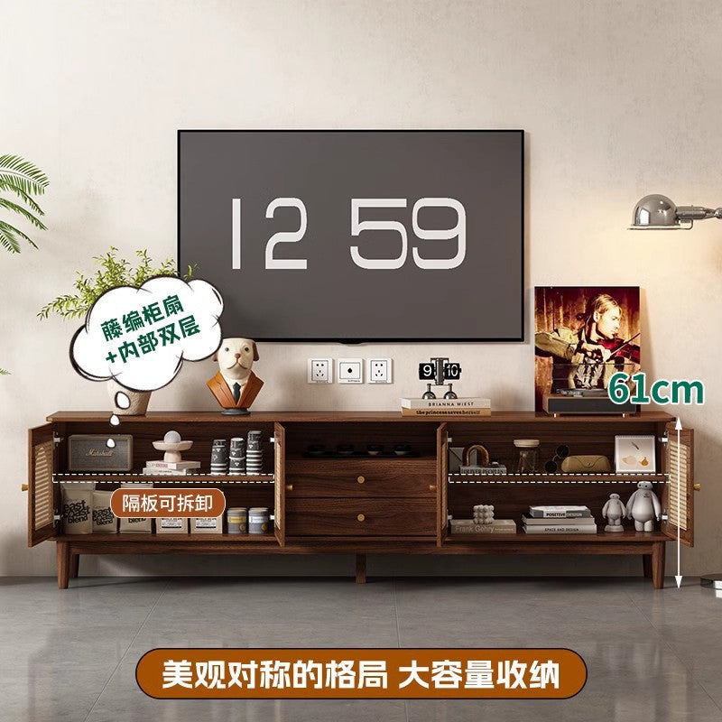 Retro rattan solid wood frame TV cabinet household coffee table combination small apartment living room storage locker integrated new model
