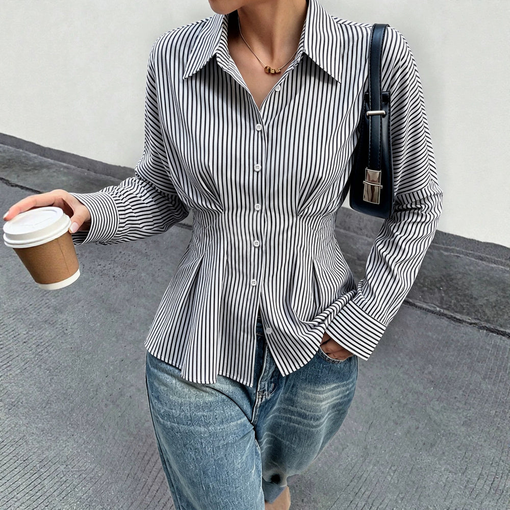 Women's slim-fit shirred waist vertical stripe long sleeve blouse - wholesale