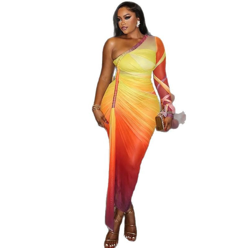 Fashion styleexport women's clothing pleated color matching slit silmasymmetrical skirt oblique collar one shoulder long sleevesfashiondress