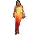 Fashion styleexport women's clothing pleated color matching slit silmasymmetrical skirt oblique collar one shoulder long sleevesfashiondress