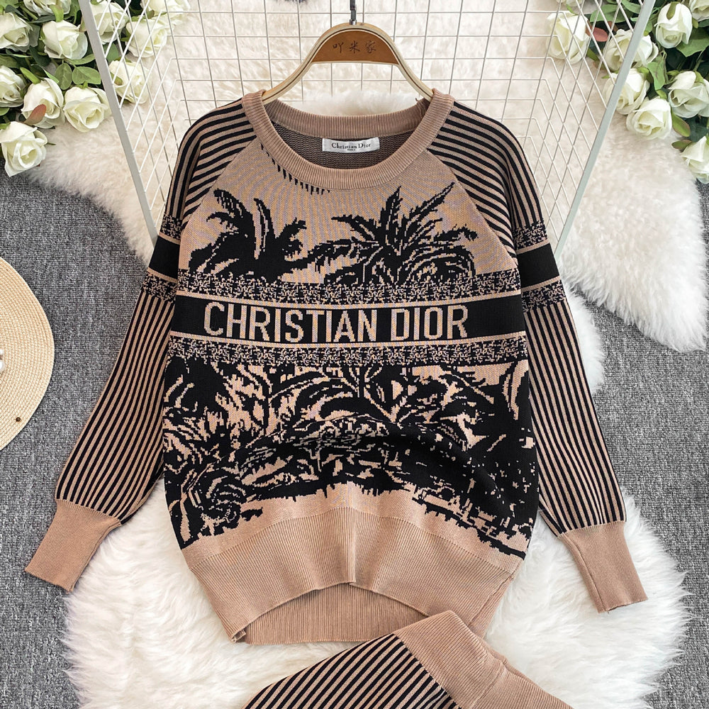 Autumn/winter new collection: artistic knitted print two-piece set for women - round neck top + high-waisted wide-leg pants