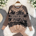 Autumn/winter new collection: artistic knitted print two-piece set for women - round neck top + high-waisted wide-leg pants