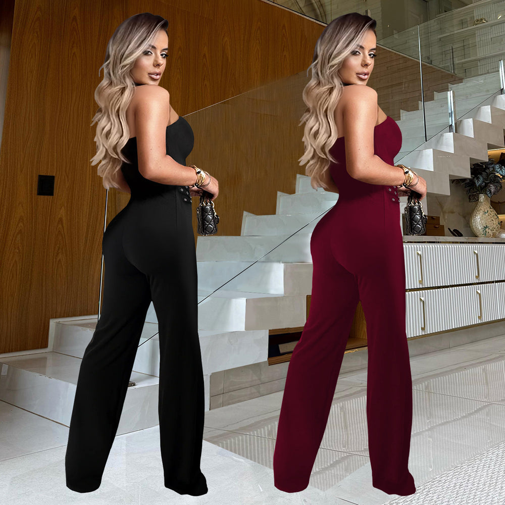 C7483 cross-border   fashion women's casual sexy bandeau metal buckle jumpsuit new