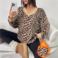 premium women's sweatshirt - new autumn/winter collection, age-defying, chic v-neck leopard print faux fur top