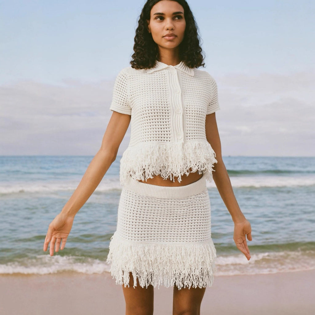 Europe, America and the United States in the summer of 2025, the new hollow tassel short-sleeved knitted cardigan + short skirt two-piece set