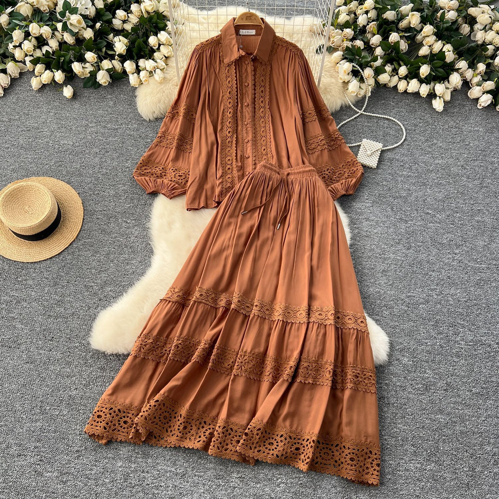 Age-reducing suit for women classy sense cut outlacepatchwork lantern long sleevesshirt + high waistslimming look large swing skirt