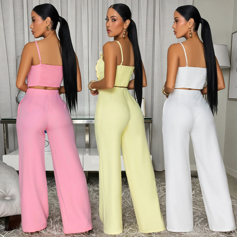 C7739 cross-border  new women's solid color ruched metal buckle cami top and wide-leg pants two-piece set