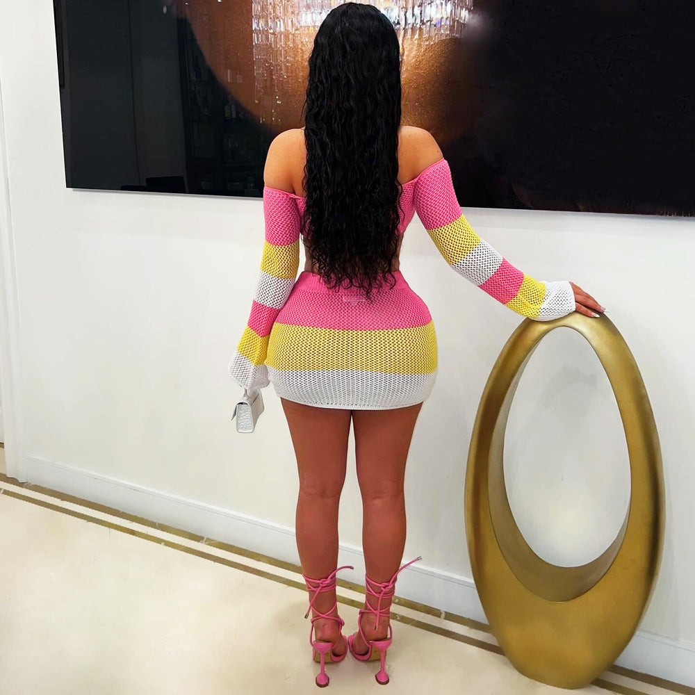 European and american style spring/summer fashion hand-crocheted heart knit multi-color slim-fit bodycon skirt two-piece set