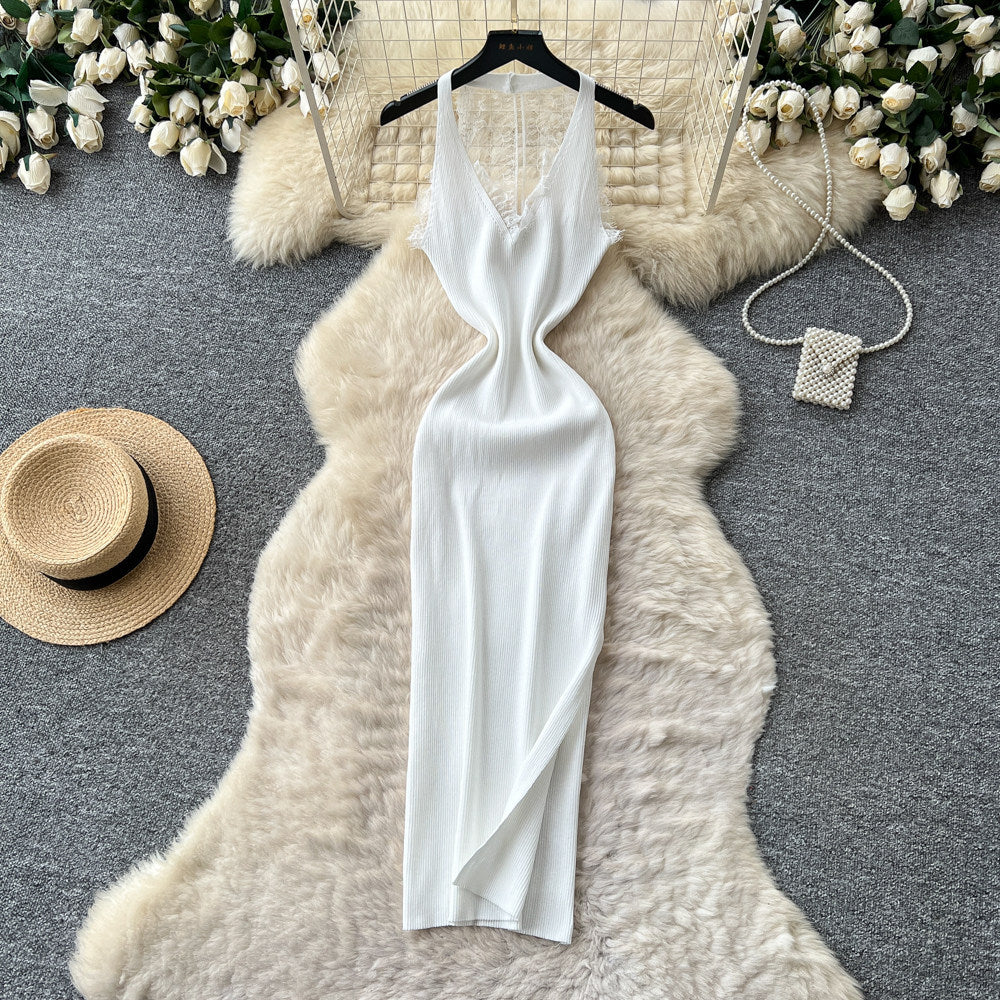 Korean style sleeveless white a-line dress for women - summer lace see-through high waist slimming slit maxi dress