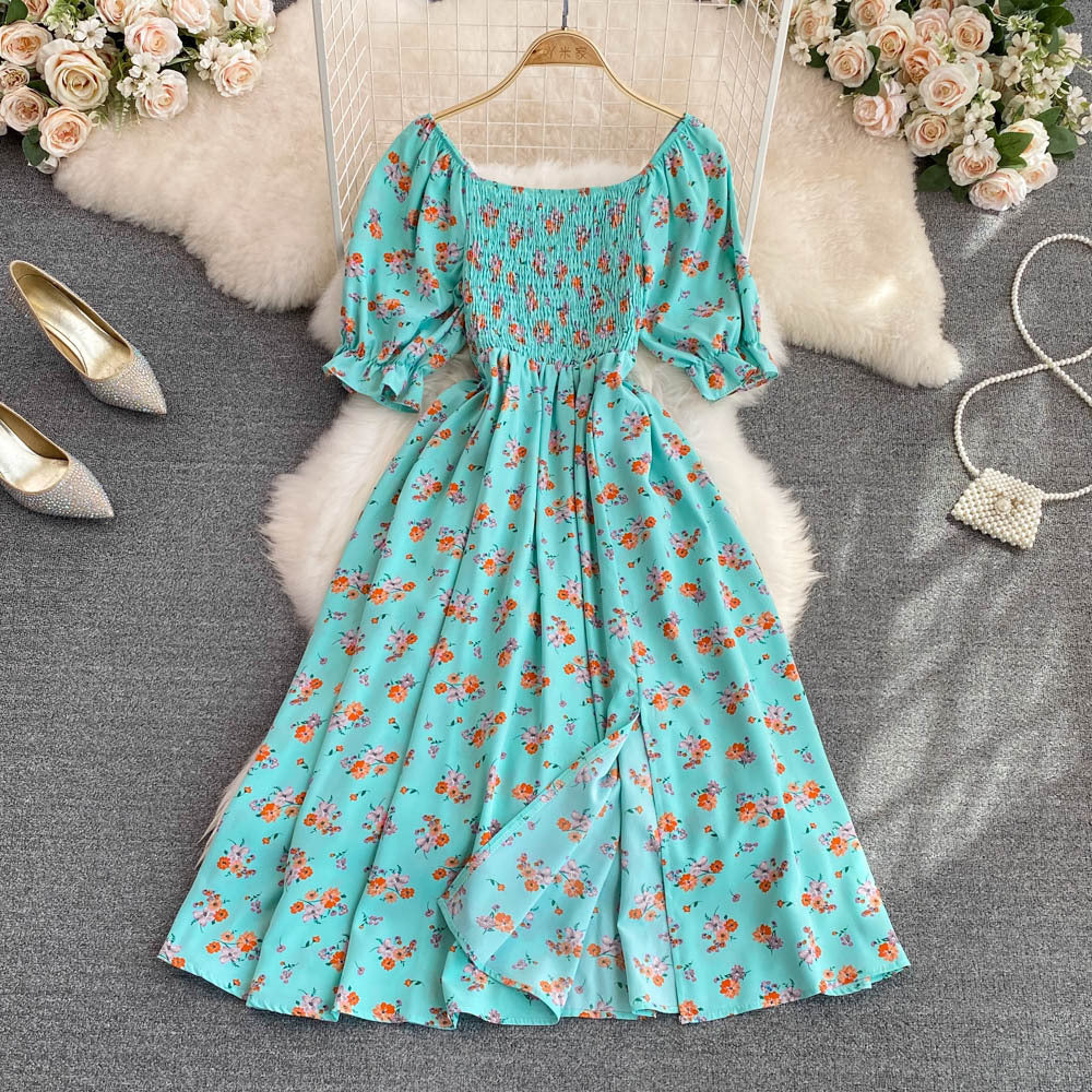 2024 summer new french chic sweet square neck puff sleeve a-line dress with cinched waist and slit – slimming and flattering