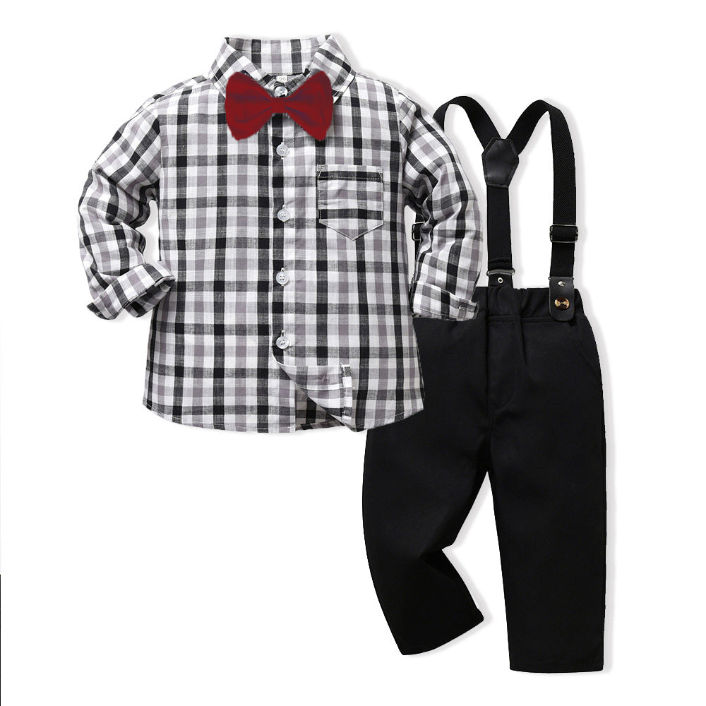Children's spring new arrivals wholesale: british style kids' outfit - boys' plaid shirt & long-sleeve plaid shirt set