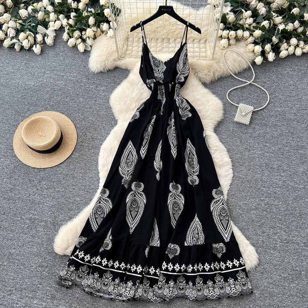 Vacation-style printed cami bohemian dress - women's summer high-waisted slimming a-line maxi dress - elegant outfit