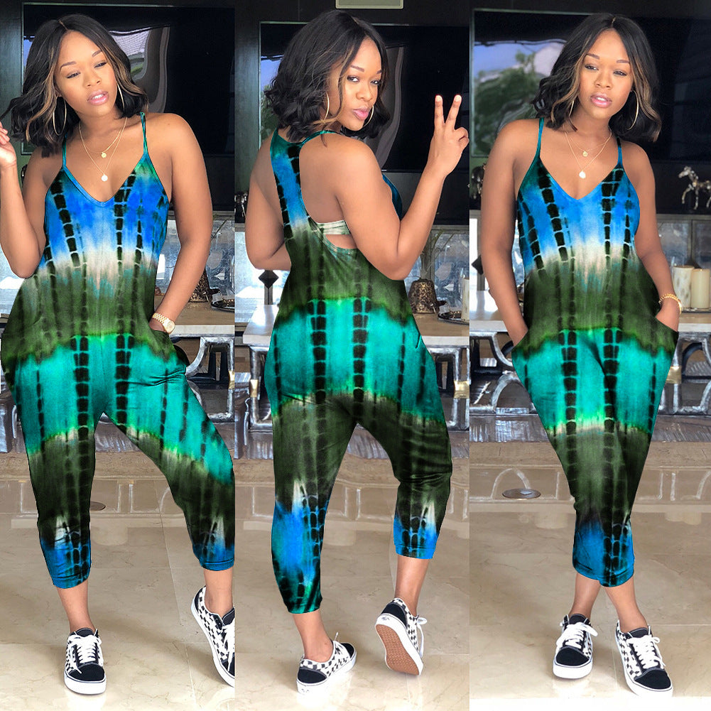 S390140 European and American summer wholesale casual off-the-shoulder hollow printing suspender jumpsuit fashion pencil pants women