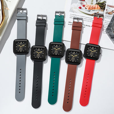 Square fashion autumn/winter niche student watch, minimalist silicone strap, korean style ins women's quartz watch, black