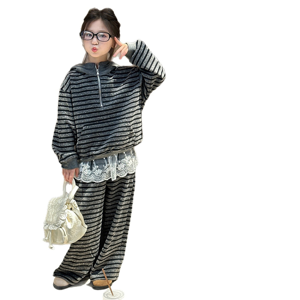 Girls' outfit set:  spring/autumn new korean style striped hoodie and wide-leg pants two-piece casual trendy set for mid-to-large children