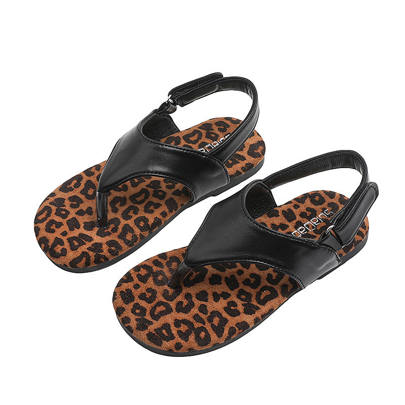 Trendy ins-style flat sandals solid color flip-flops girls' summer outdoor wear leopard print slides thong sandals girls' shoes