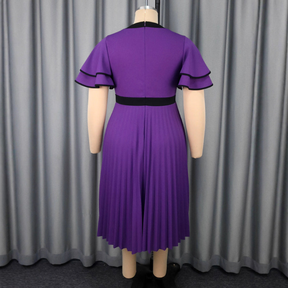 Plus size vintage elegant round neck bowknot pleated skirt double layer ruffle sleeve cinched waist party dress