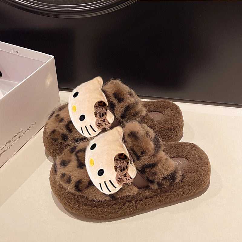 New autumn/winter cotton slippers: warm, comfortable leopard print kitten design, closed-toe fuzzy slippers for women, perfect for indoor use