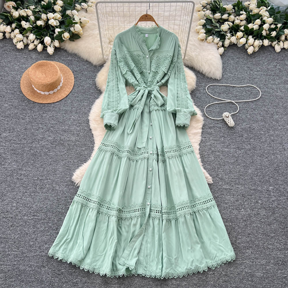 Vintage court style lantern sleeve dress - women's summer hollow-out crochet single-breasted elegant mature lady long dress