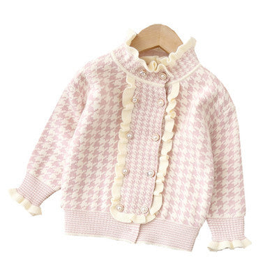 Girls' knitted sweater two-piece set -  autumn/winter houndstooth pattern - little girl's cardigan and sweater for toddlers and young children