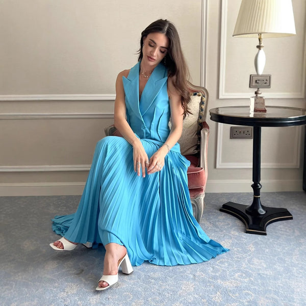 Foreign trade  women's clothing 2025 new elegant and fashionable lapel French sleeveless vest pleated skirt two-piece set