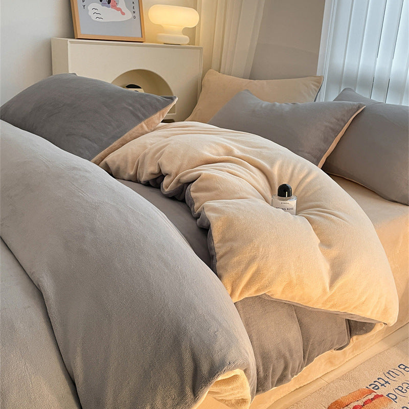 Solid color milk fleece four-piece set, winter thickened coral fleece bed sheet quilt cover, Nantong flannel bed three-piece set
