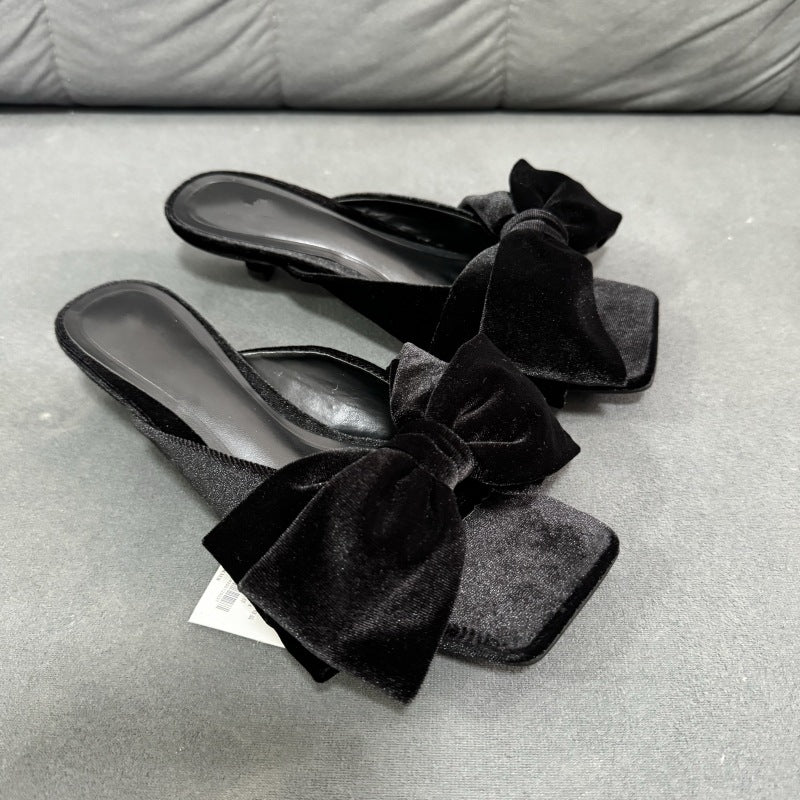 Z's new women's shoes black xishi velvet bows square toe open toe low heel shoes stiletto outwear sandals