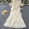 Frenchelegant heavy industry flower embroiderlong sleevesdress women's summerk-style strap waist slimming lookelegant long skirt