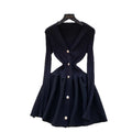 French style women's high-end v-neck metallic buckle waist-defining long sleeve knit dress - autumn/winter slimming chic sweater dress