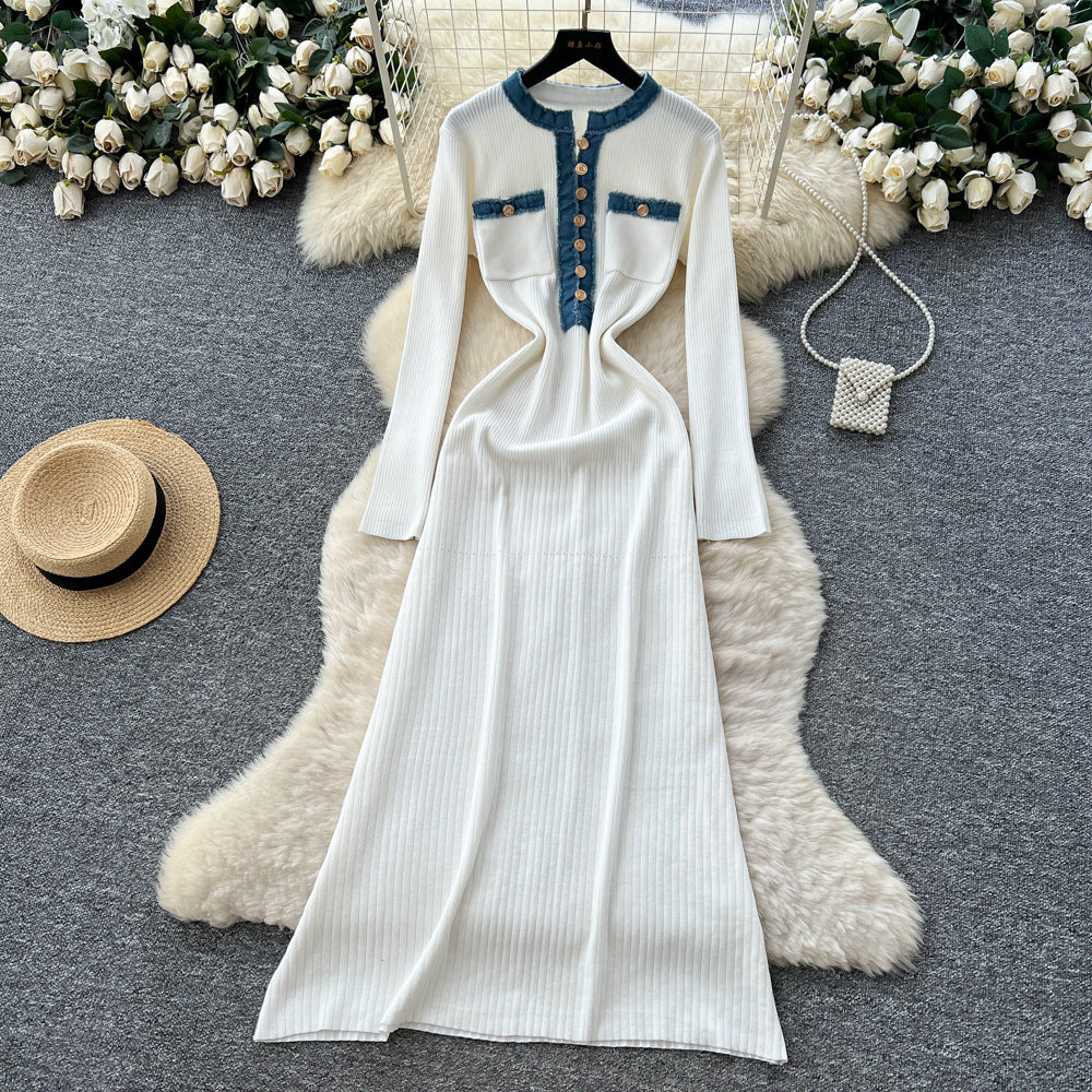 French chic color block knit dress with metal buckle detail - round neck, long sleeves, and cinched waist