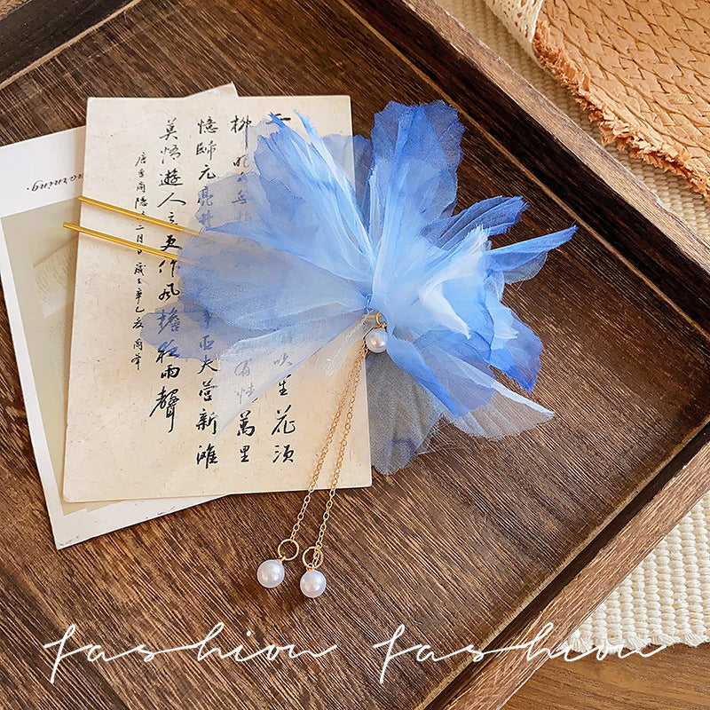 Dead leaf butterfly hairpin retro chiffon flower pearl tassel u-shaped hairpin new chinoiserie hair accessories hair elegant headwear