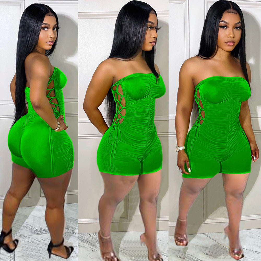 European and american jumpsuits -  cross-border supply - women's fashion - sexy solid color side drawstring ruched jumpsuit