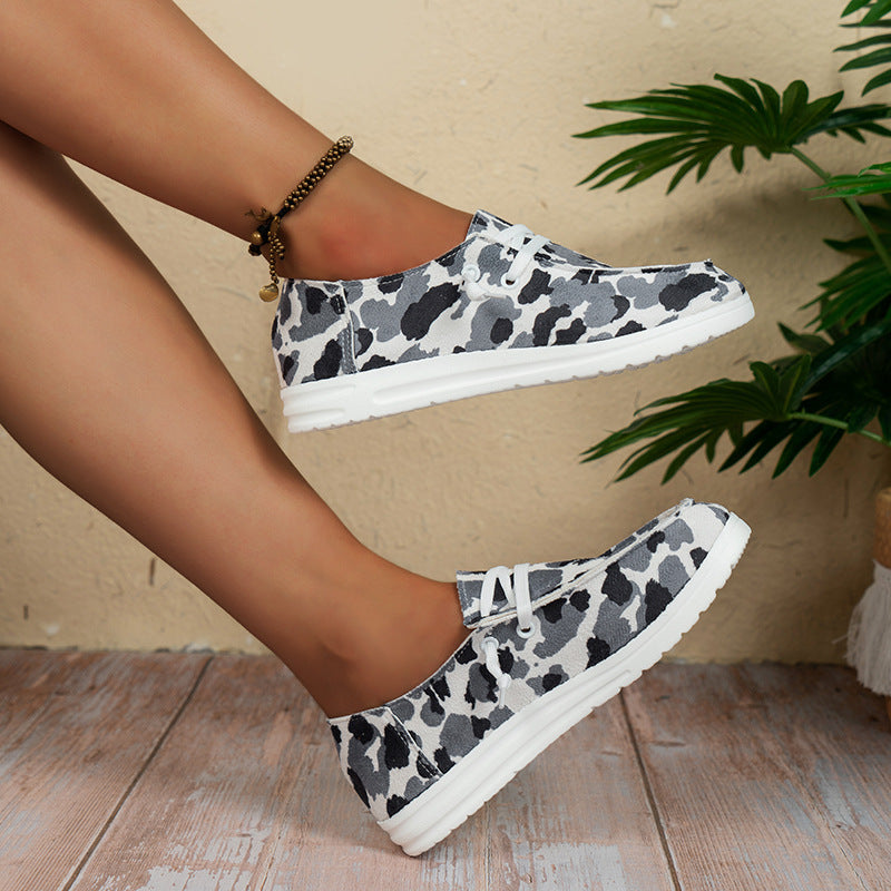 Plus size women's summer canvas casual shoes - round toe, leopard print, slip-on style - trending