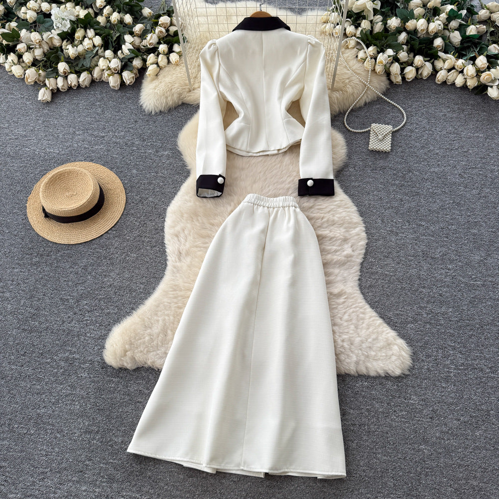 Xiaoxiangfengtwo-piece setfemalefall and winterfrenchfashioncontrast color doll collar long sleevestops+high waist skirt