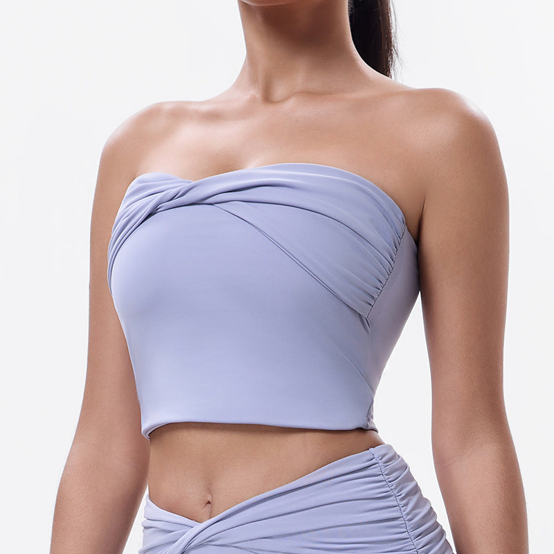 new arrival sports tube top yoga wear tops women's pure color pleated back silm sports intimates fitness wear