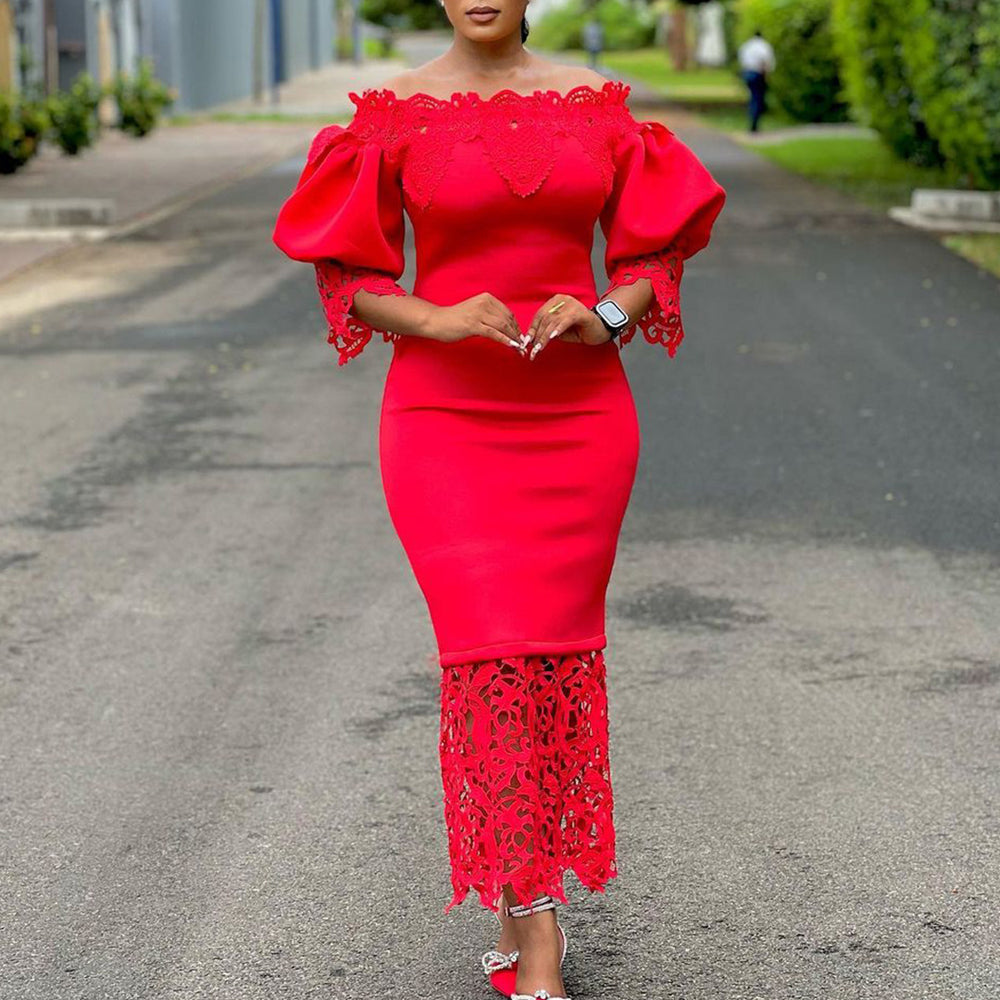 European and american plus size women's new fashionable and elegant lace patchwork off-the-shoulder bridesmaid dress/evening gown - wholesale dress