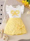 spring/summer new arrival: cross-border girls' flutter sleeve knit top + irregular jacquard skirt-pants two-piece set