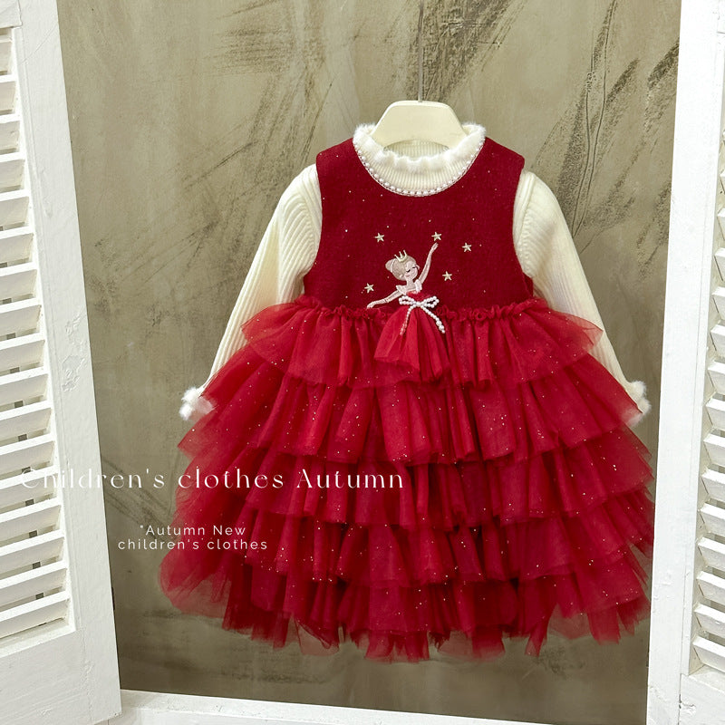 Girls' fleece-lined dress  - stylish red little girl's dance princess tutu dress
