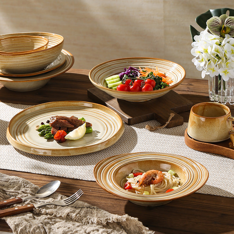 Retro stoneware ceramic tableware restaurant hotel stylish thread western food steak plate for home high-looking deep plate soup plate