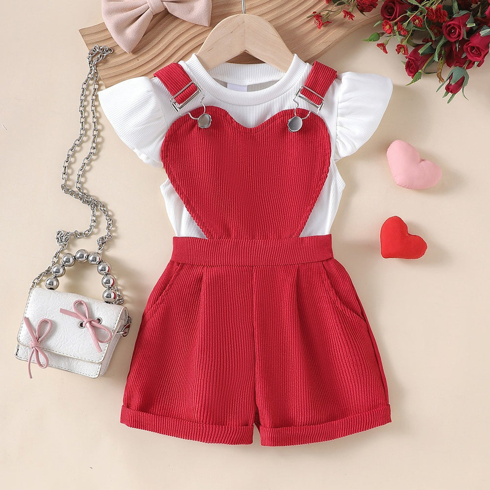 25 cross-border spring and summer fashionnew arrivalgirl round neck small flying sleeve tops heart design suspender shorts suitgirl