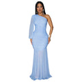 C7500 cross-border   fashion women's sexy one-shoulder mesh high-end dress - new