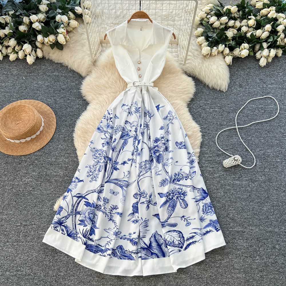 Korean style chic & edgy sleeveless a-line dress - women's new summer high-waisted tie-waist maxi dress - slimming
