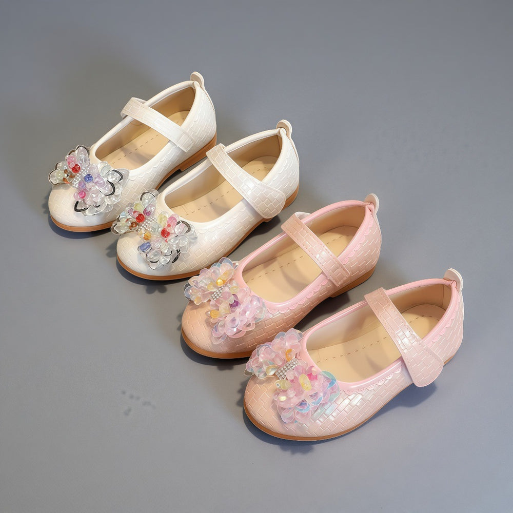 spring/autumn korean style girls' leather shoes, bowknot princess flats, children's velcro performance dance shoes, flat sole
